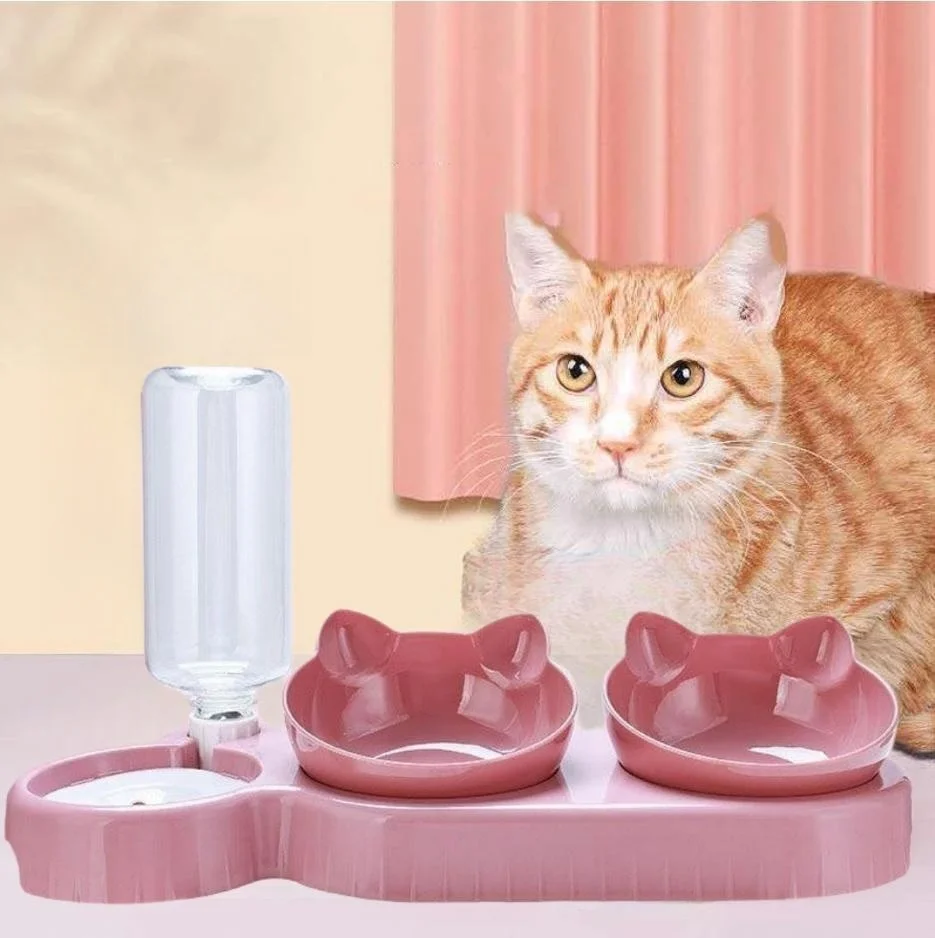 Pet Dog Cat Food Bowl Automatic Feeder 2 in 1 Eating Drinking Water Container